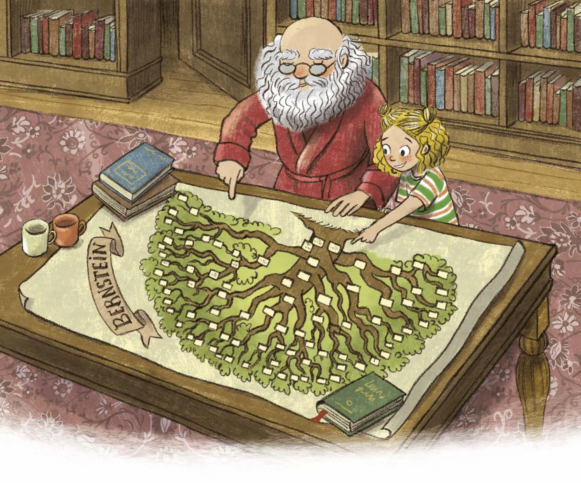 Picture book interior spot art about a girl and an old man
