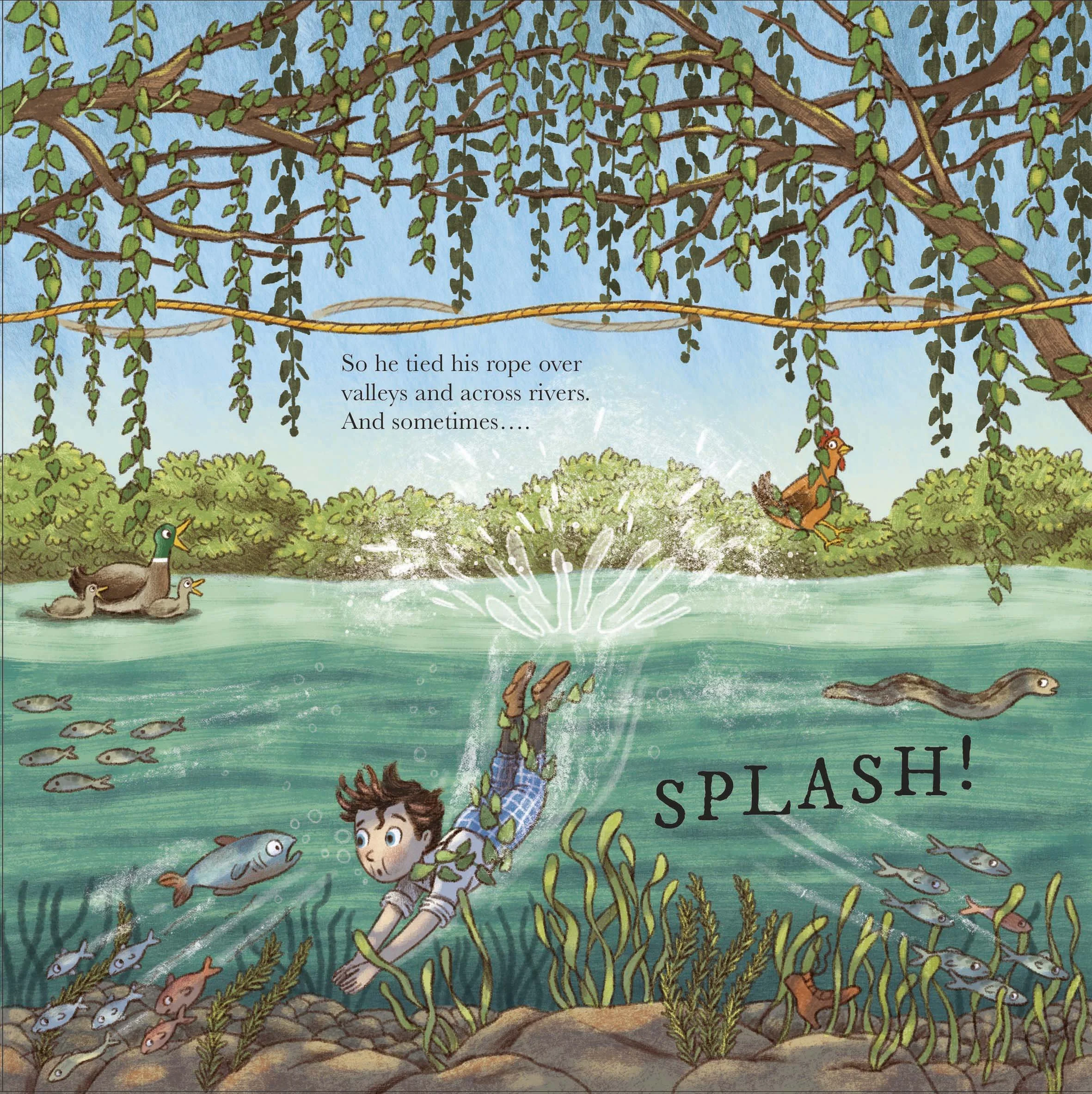 Picture book illustration about Harry Houdini showing him swimming in a river 