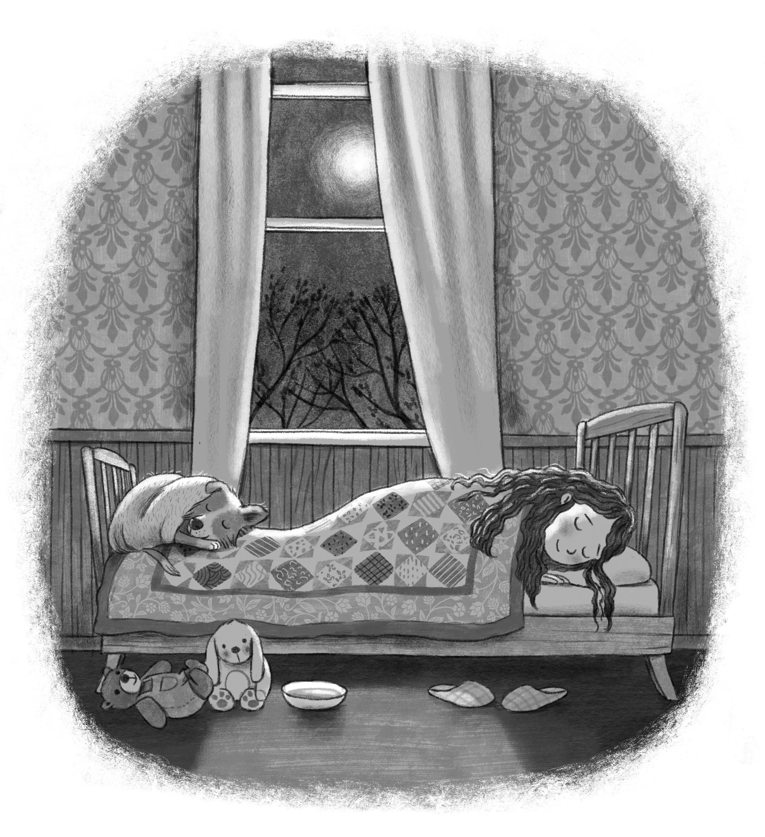 black and white interior art of middle grade book, peaceful image of a girl and her pet sleeping, atmospheric