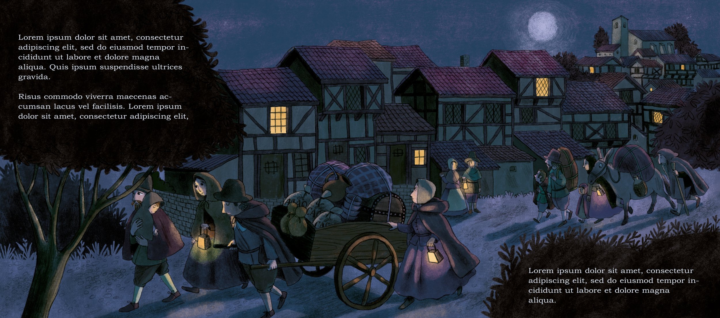 Historical scene of children's picture book, night scene of group of medieval people, emotional
