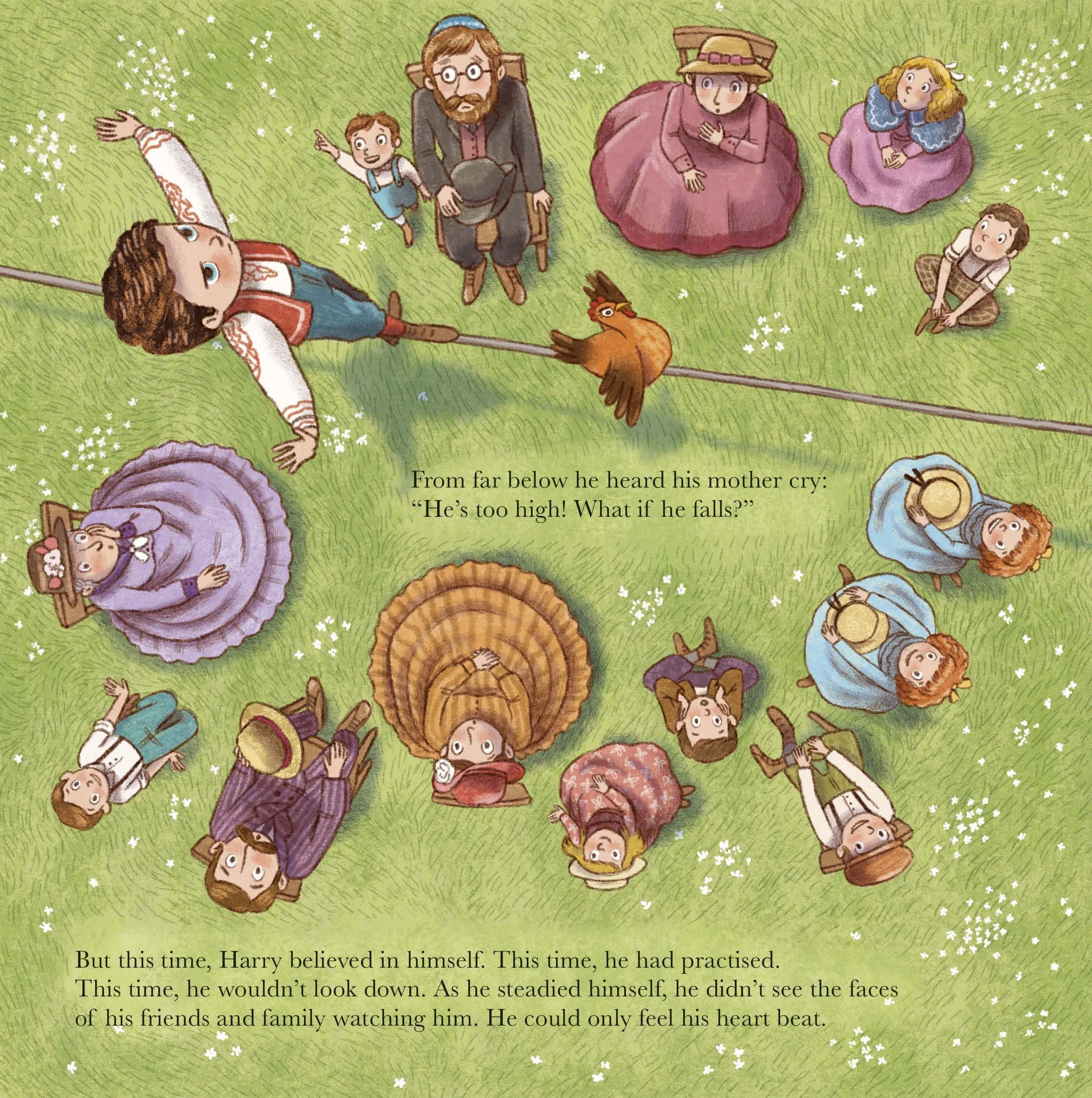 Bird's eye scene from a picture book for kids about a performance of Harry Houdini