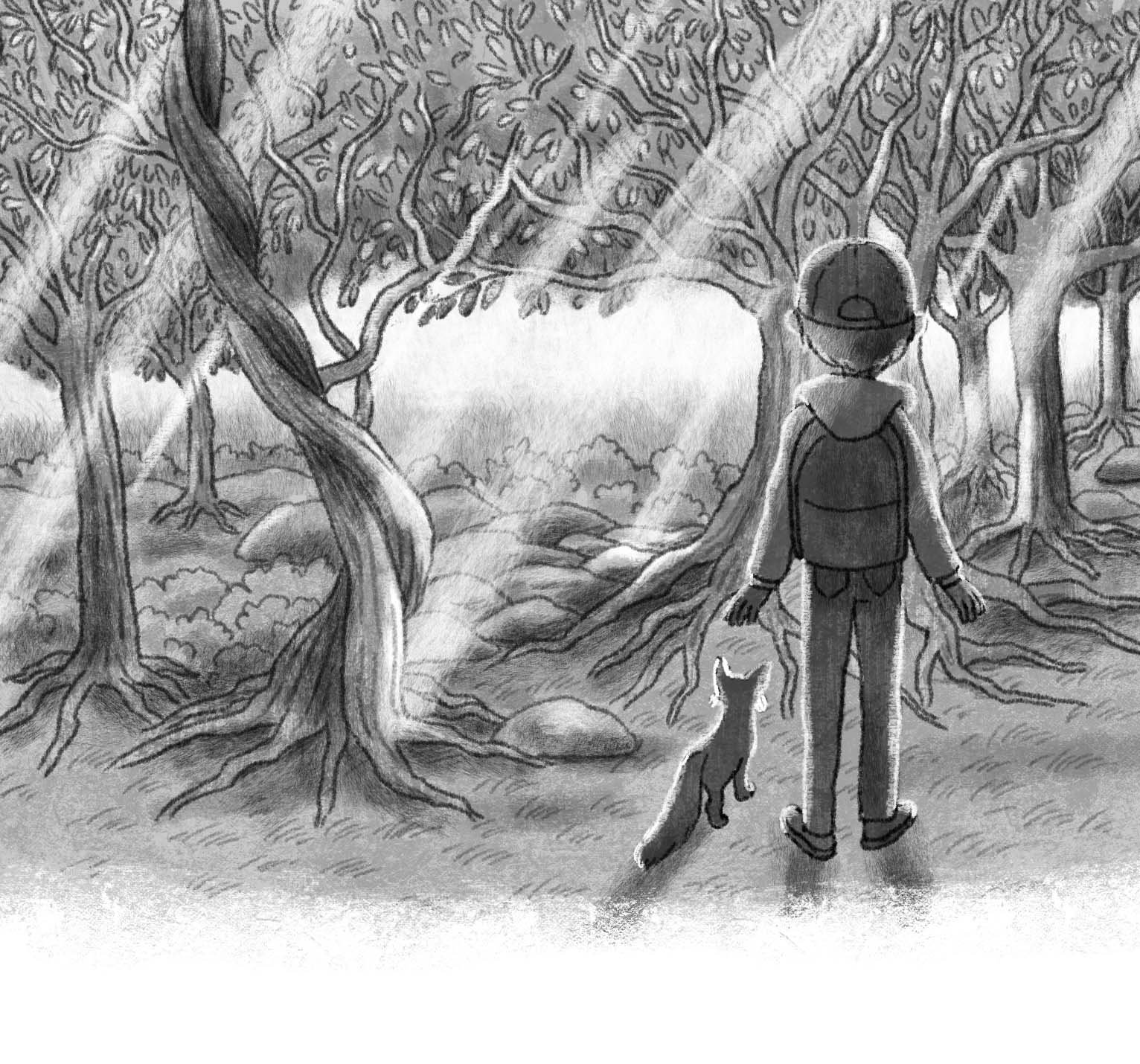 Atmospheric black and white illustration of a magic forest and a boy with his pet who is a fantastic creature