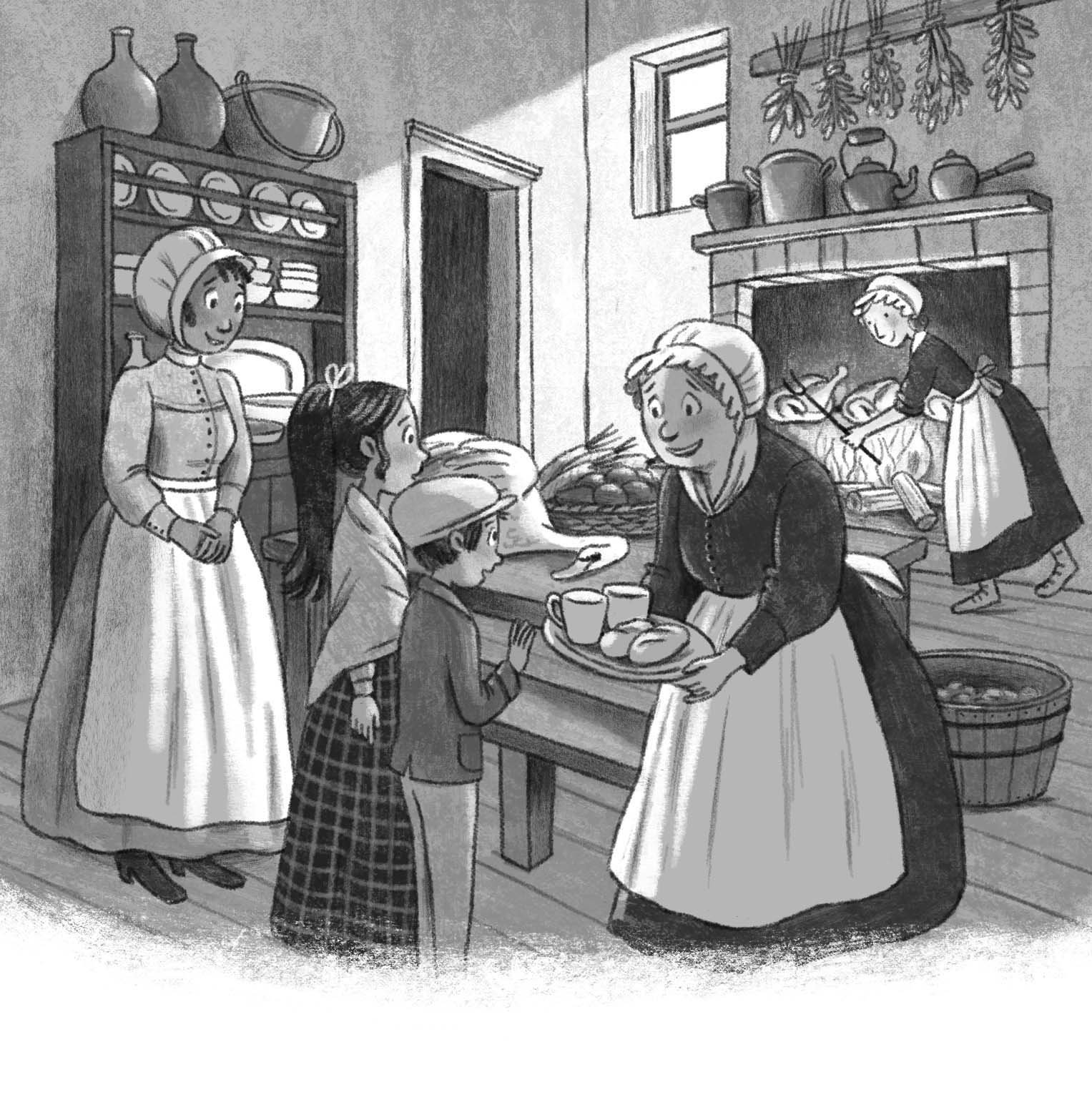Black and white illustration from fantasy  illustrated book for middle graders, shows children in a victorian kitchen