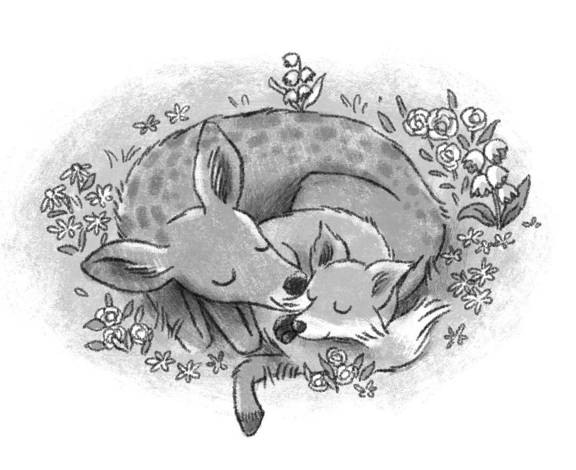 Emotional black and white middle grade illustration of animals showing affection