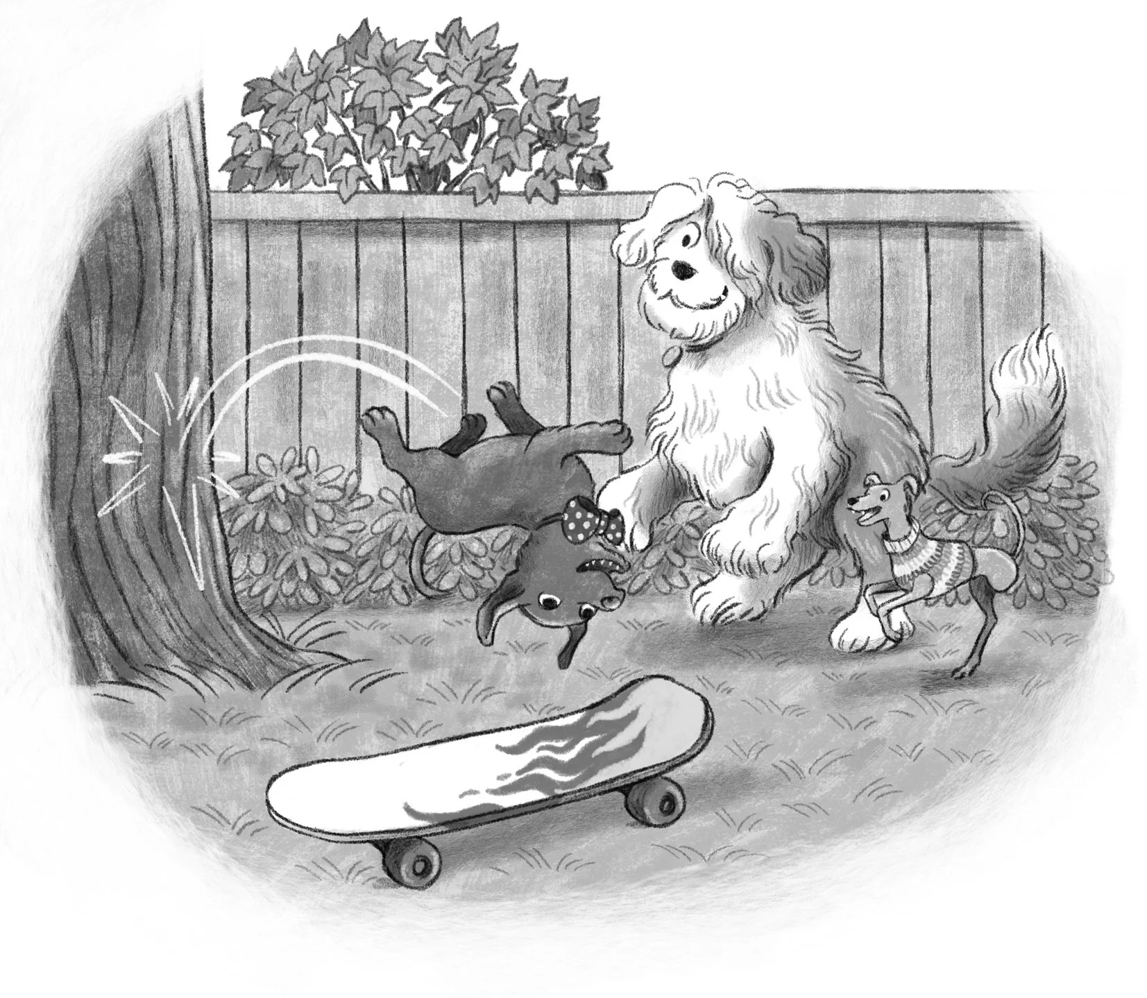 Middle grade book interior illustration showing three dogs doing a show, narrative and fun 