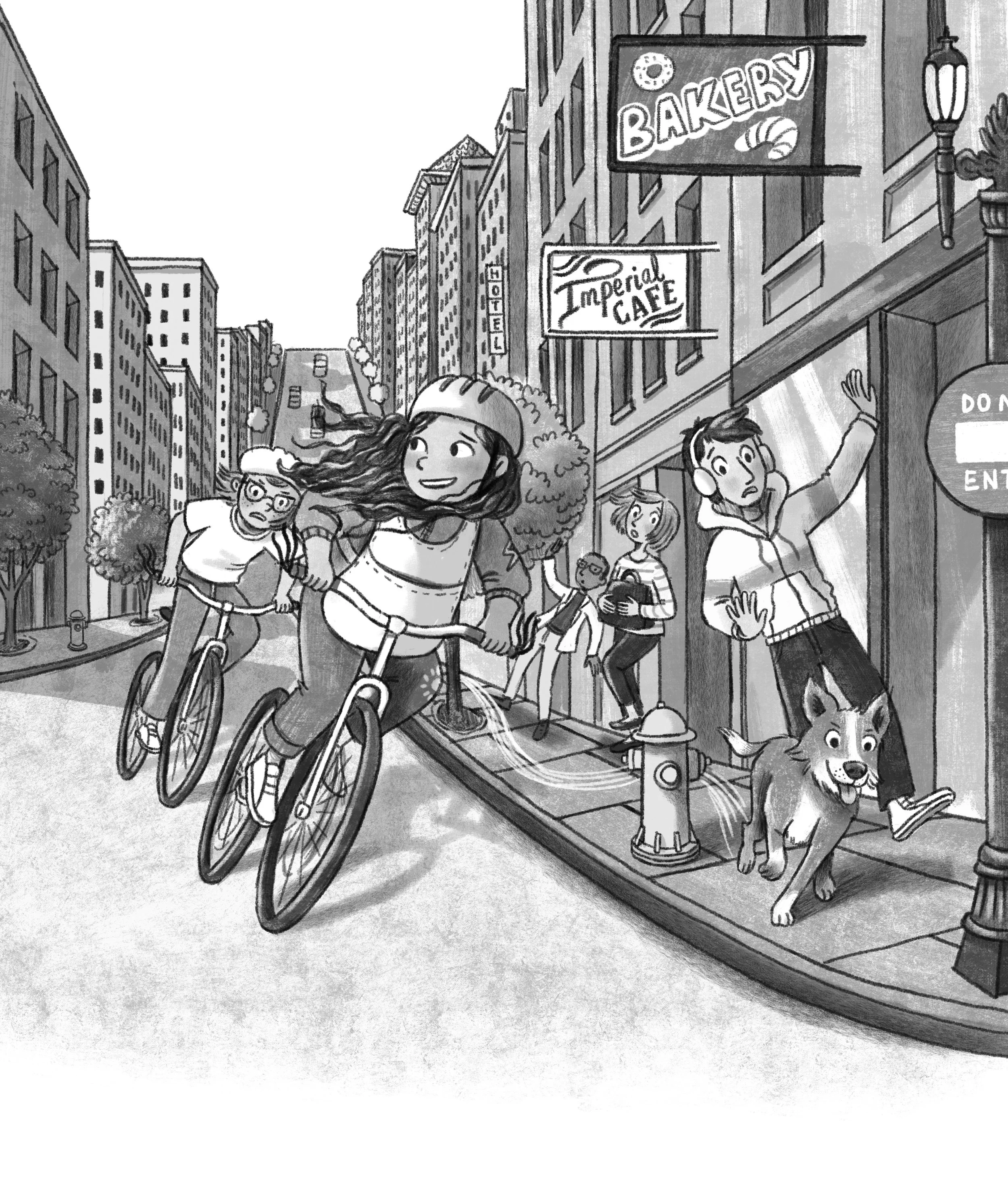 Black and white interior illustration for fantasy book featuring dogs and siblings