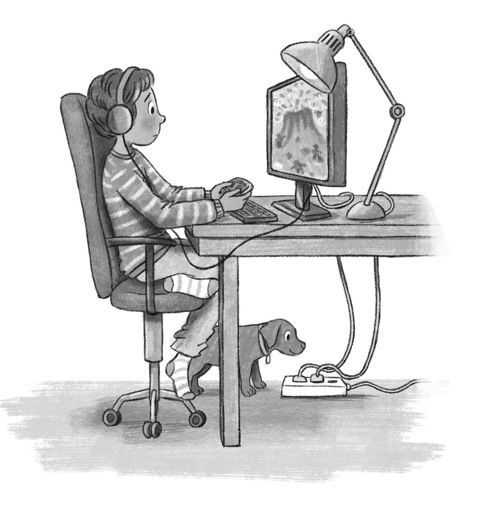 Interior illustration showing a boy playing video games and his pet who is up to some mischief 