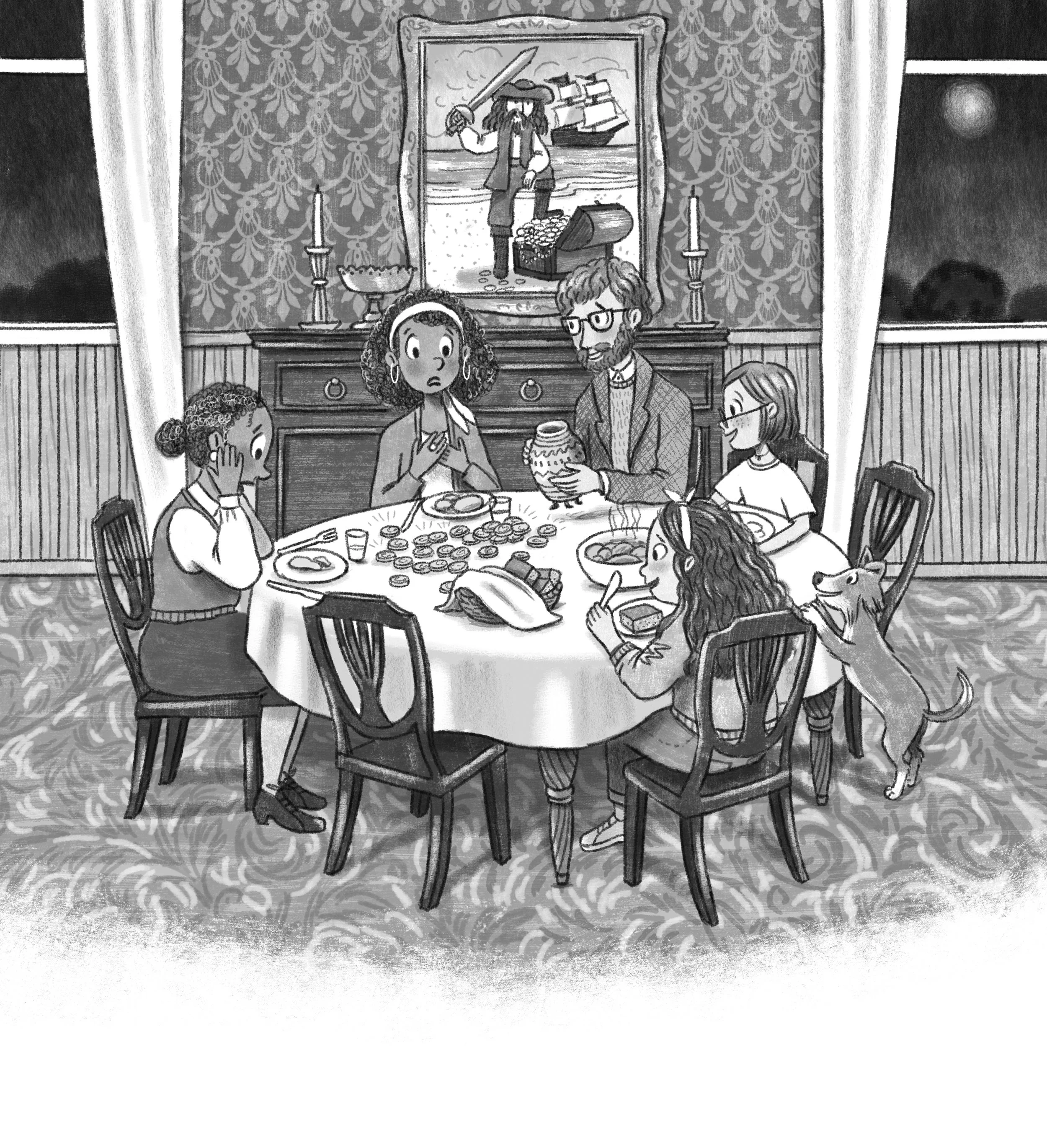 Interior illustration of children's book with different characters showing expressive emotions 