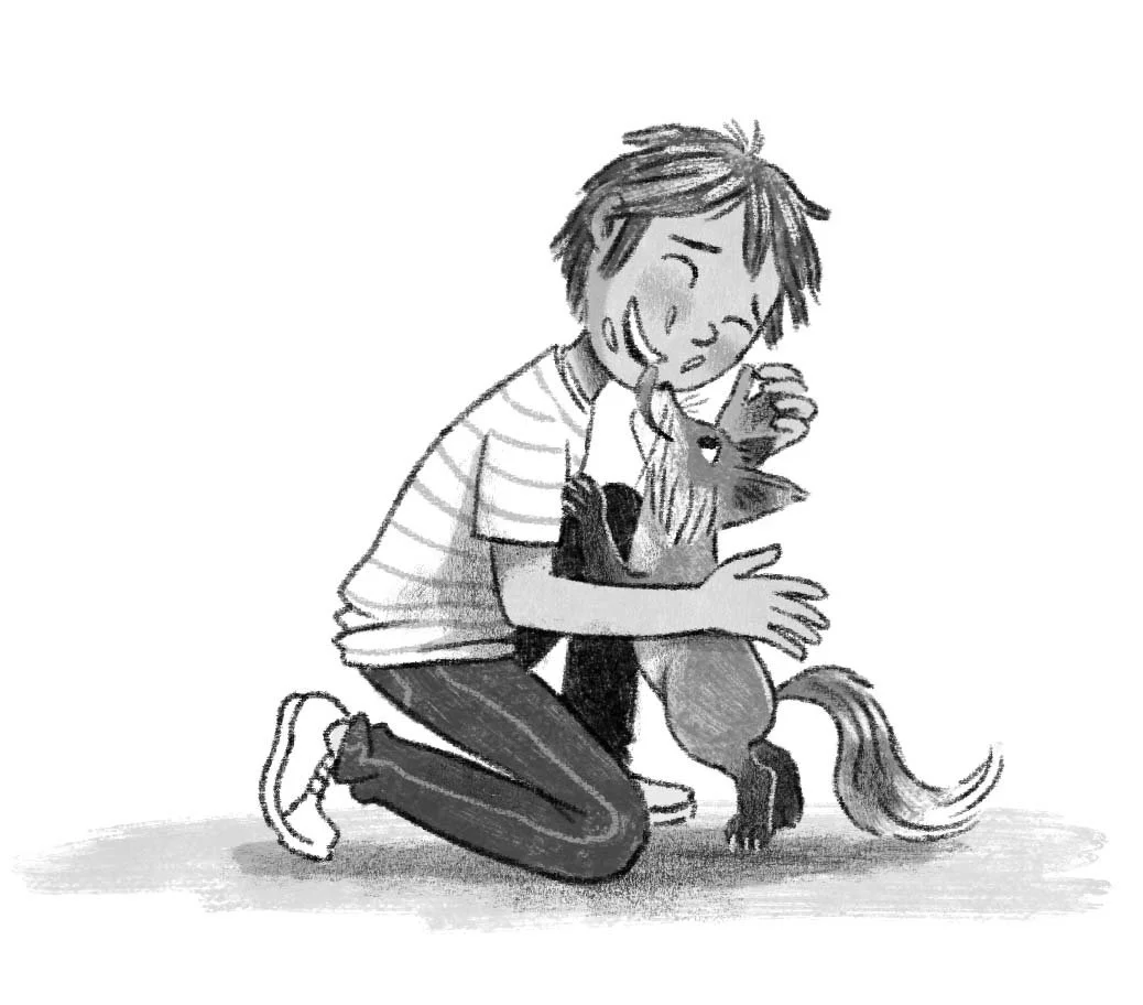 Interior black and white illustration shows friendship between a fox and a boy