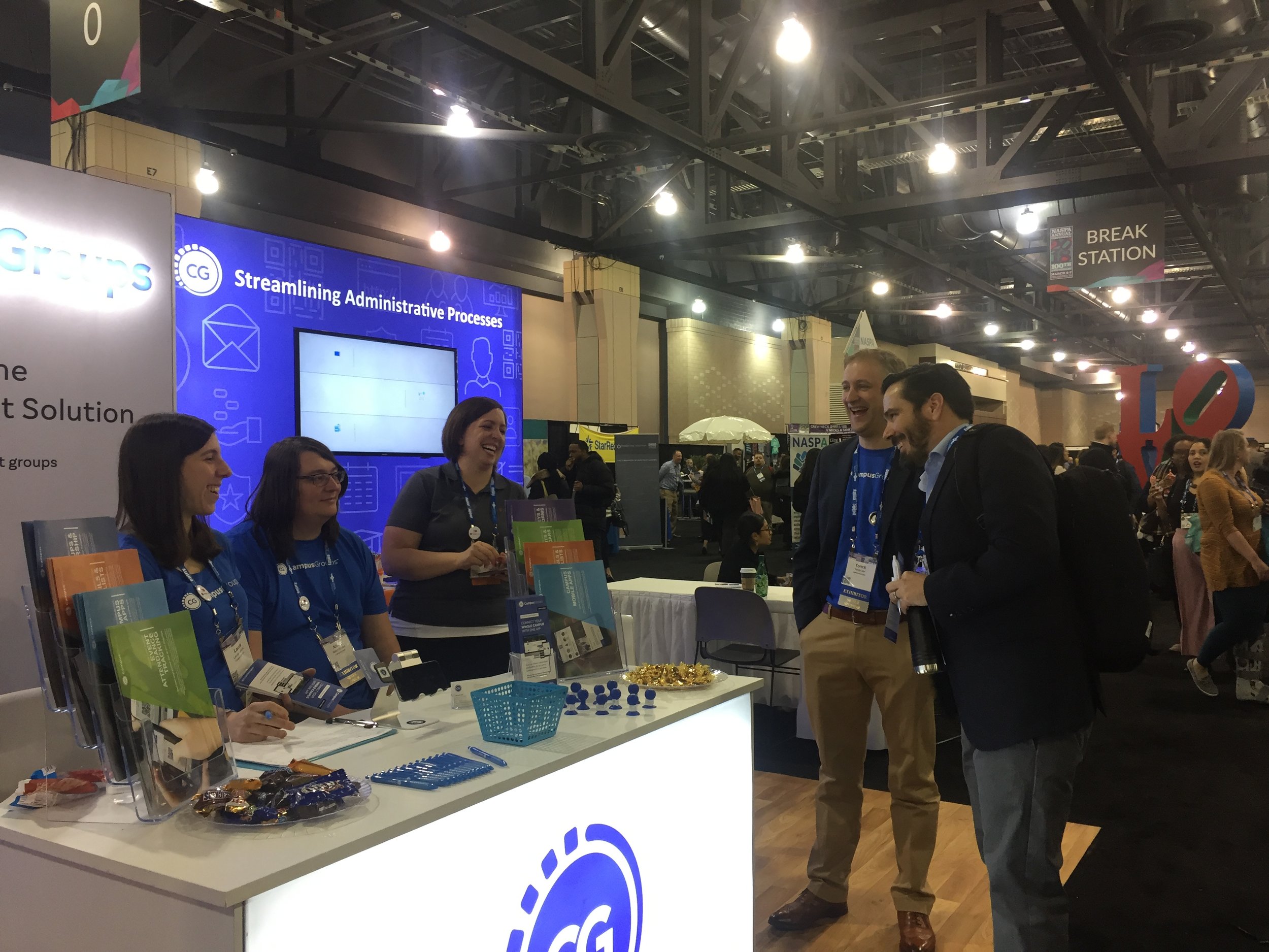 Once the conference was underway, the CampusGroups booth became a popular place to spend time. (It may have helped that the nearby Break Station was frequently restocked with cookies and pastries.)