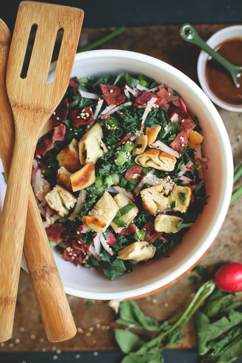 KALE & SESAME SALAD WITH SCALLION PANCAKE CROUTONS — molly yeh