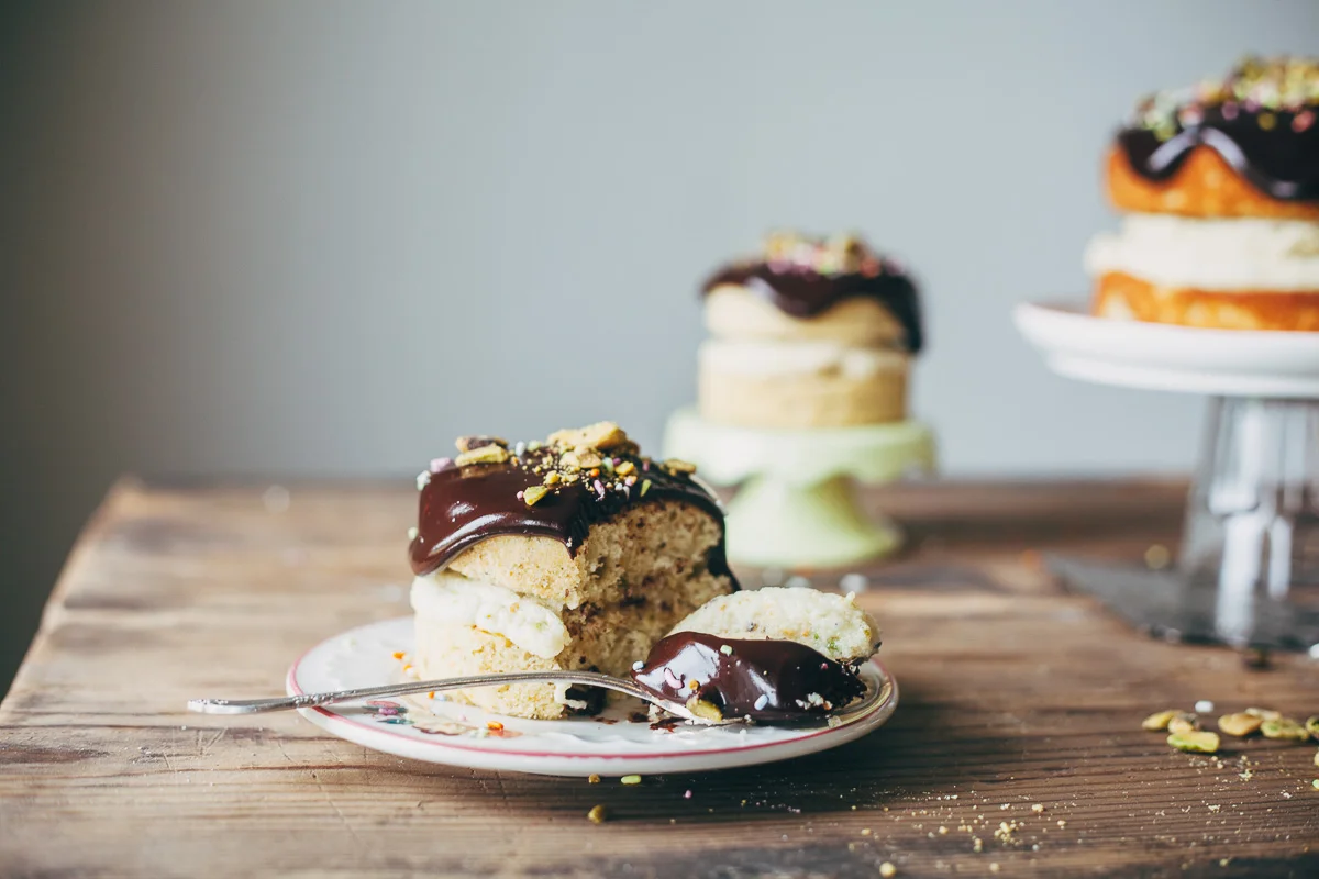 pistachio cream cake with chocolate ganache + a giveaway — molly yeh