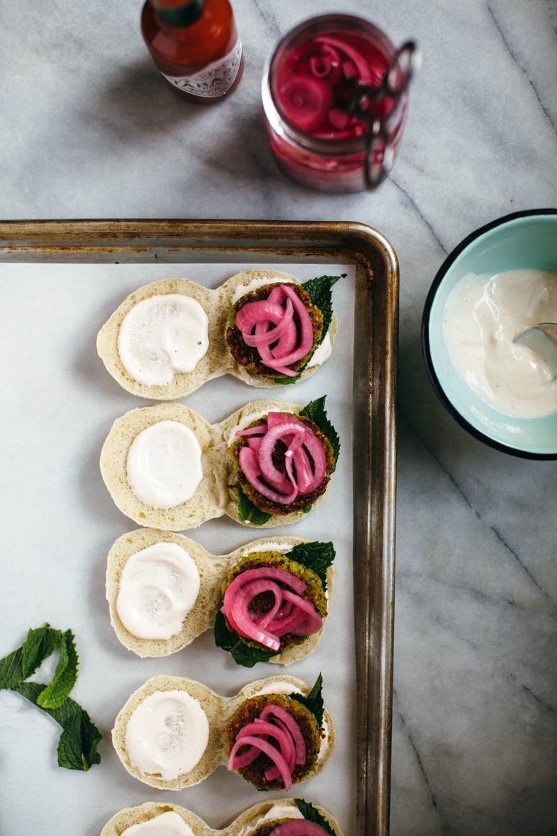 falafel sliders with spicy yogurt, mint, and sumac onions — molly yeh