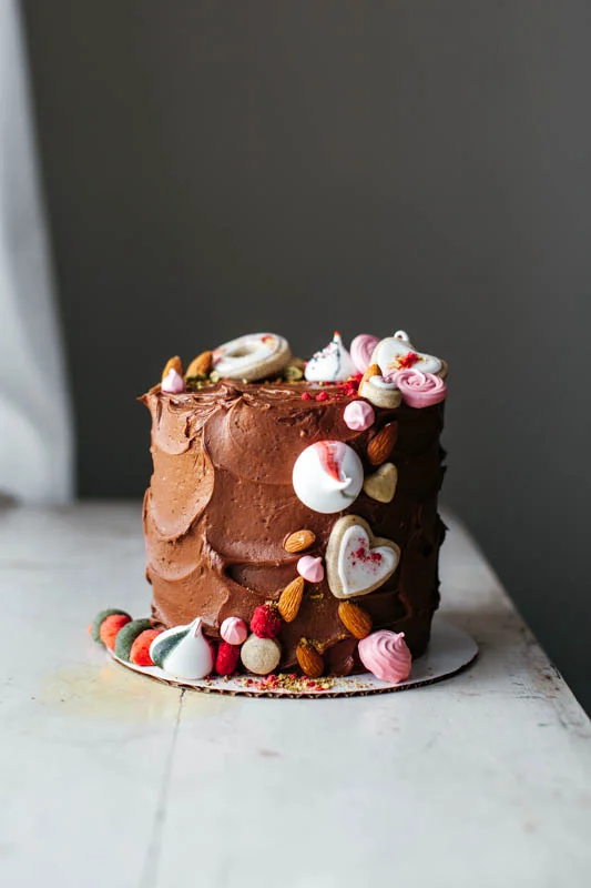 almond butter cake with chocolate frosting — molly yeh