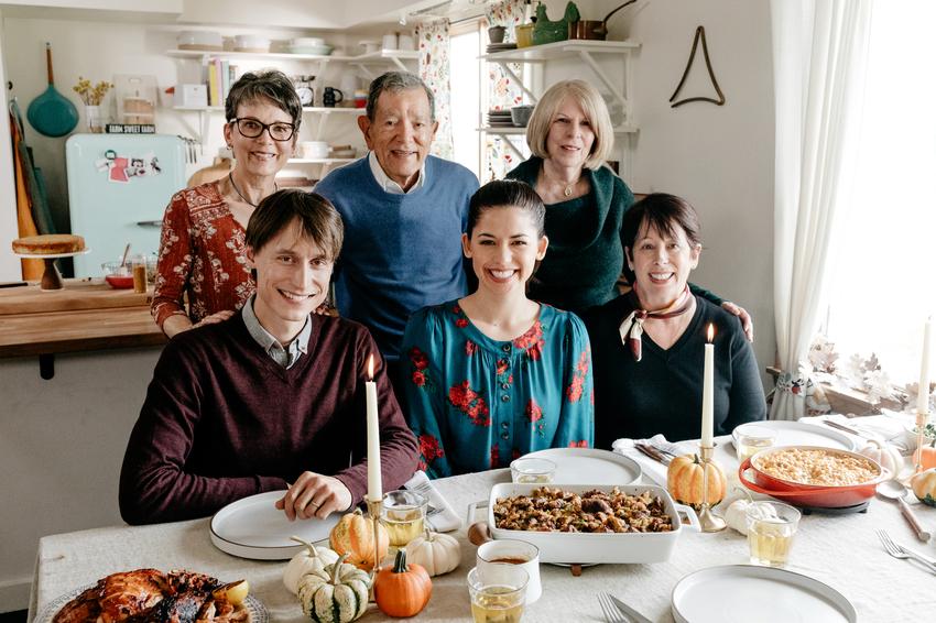 Molly Yeh with her special guests, Roxanne, Marsha, Bob, Nick, and Jody, at her Thanksgiving Meal.jpeg