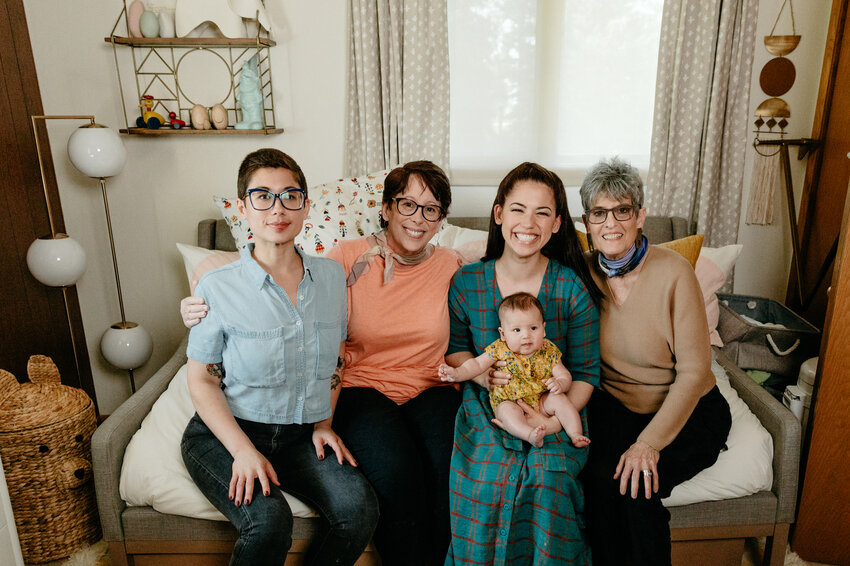 Host Molly Yeh with her sister Jenna, mom Jody, daughter, Bernie, and aunt Cathy.jpeg