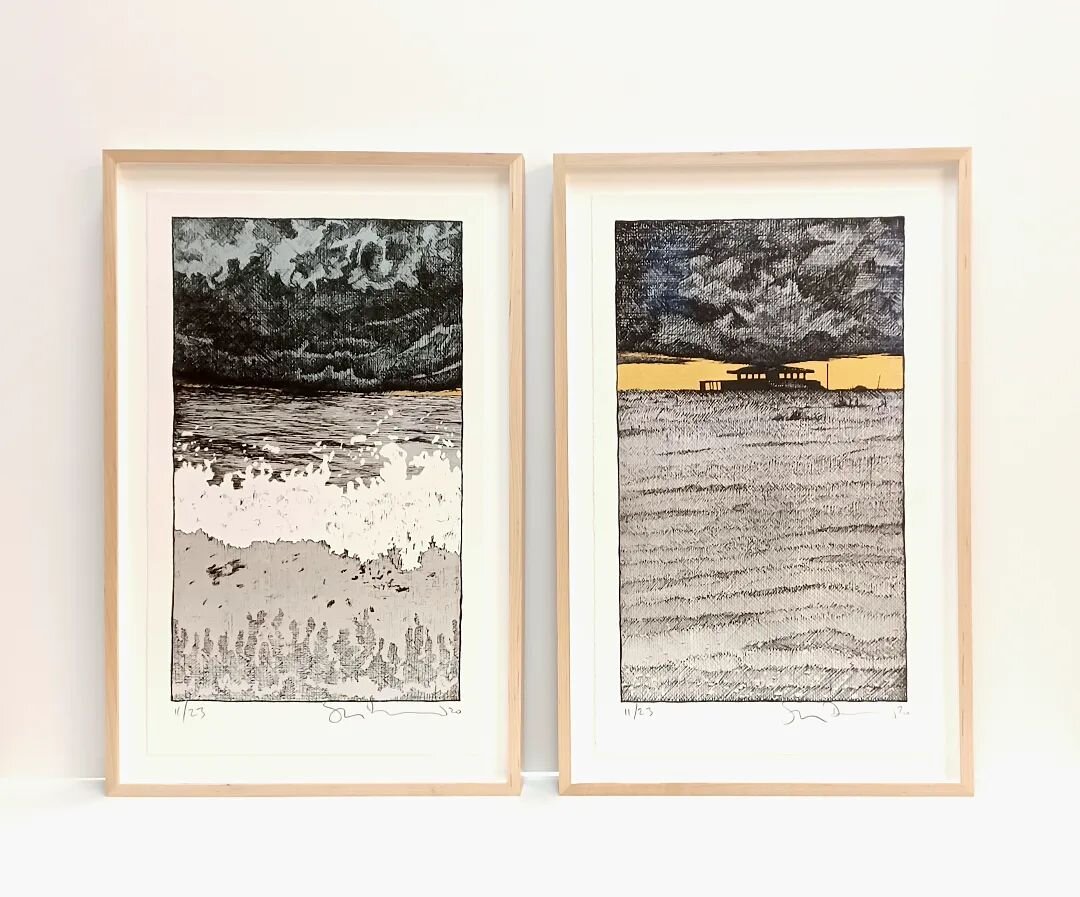 Two prints by artist Stanley Wood.

There are metallic inks used in these prints that are a bit hard to photograph, but give the prints an interesting texture.

Framed with @christopher.ltd maple frame and hinged to museum mat board with mat spacers 