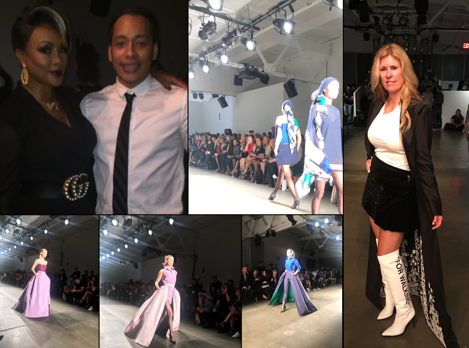 Clockwise: Vivica Fox with Foster from Studio SHK, The Housewives of NYC sitting front row, Sherry Hope-Kennedy wearing Zang Toi, and runway models showing the new Zang Toi collection.