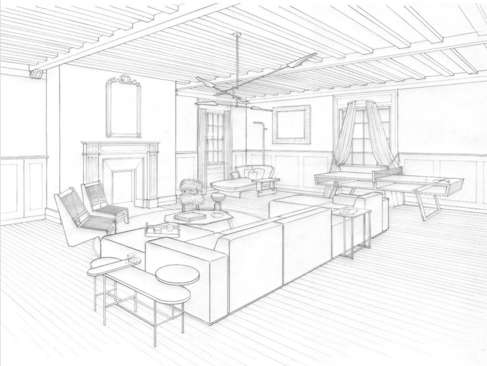 Interior design line drawing by James Freed Design