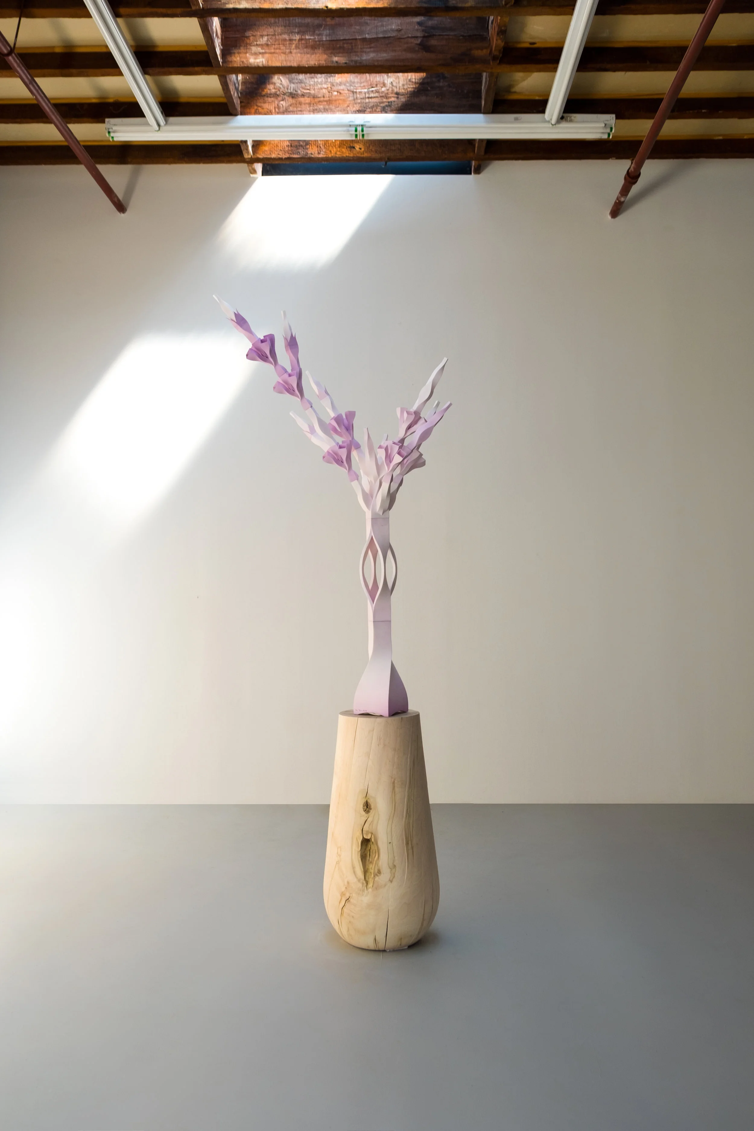 072616 And Tree of Life Compositional Study Eight: Wabisabi Asymmetree, 2016, hand-dyed polyamide, maple, wire, LED lights, 84” x 34” x 19” (With Original Bleached maple pedestal) INQUIRE