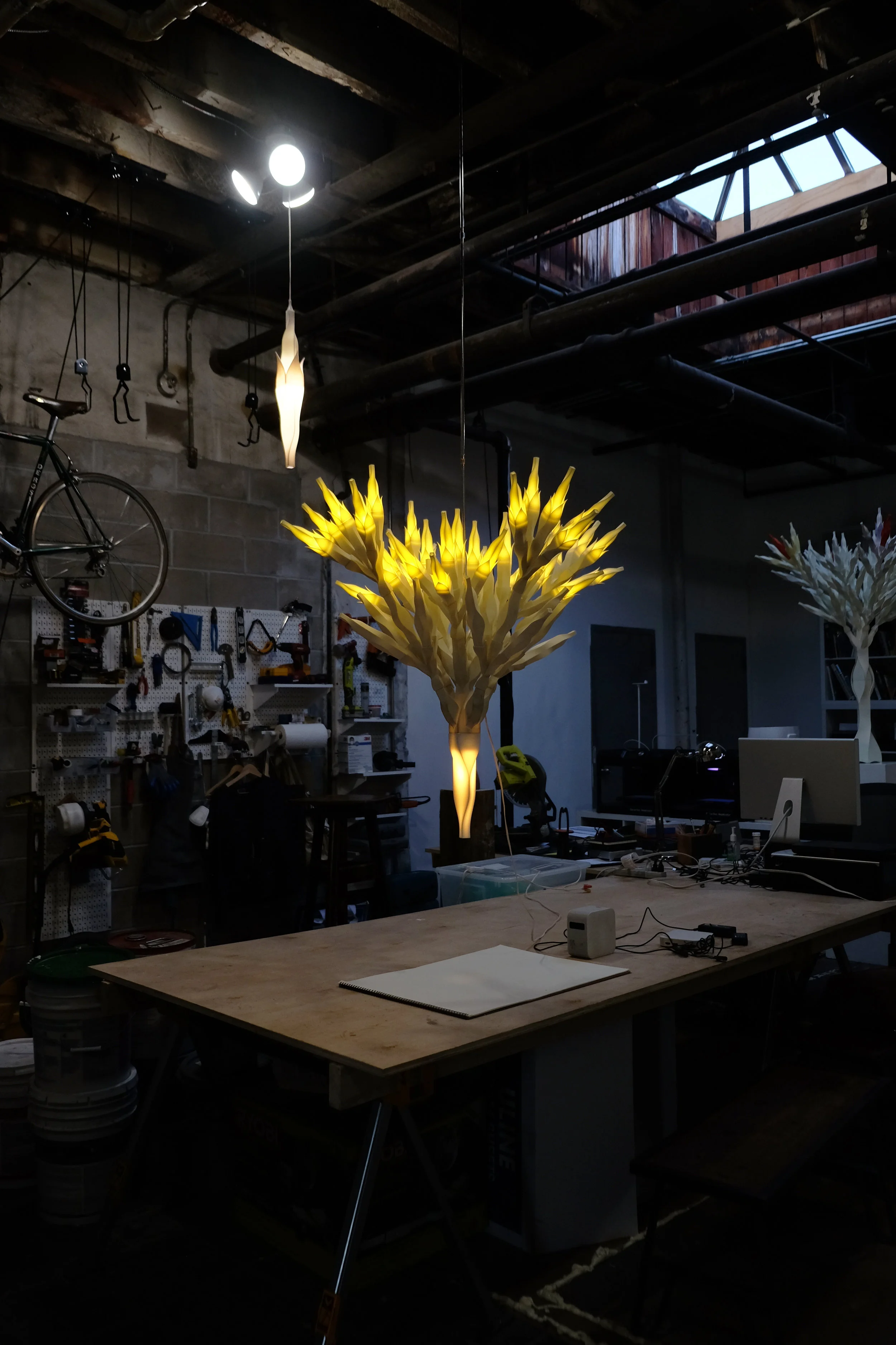 042718 Glowing, 2018, Hand-dyed polyamide, LED light, wire, aluminum pipe 42” x 36” x 36” INQUIRE