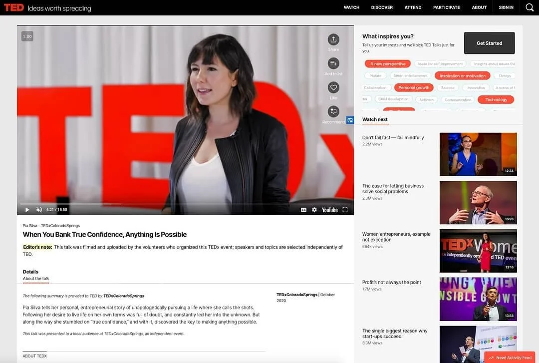 The following summary is provided to @TED by #TEDxColoradoSprings

&quot;Pia Silva tells her personal, entrepreneurial story of unapologetically pursuing a life where she calls the shots. Following her desire to live life on her own terms was full of