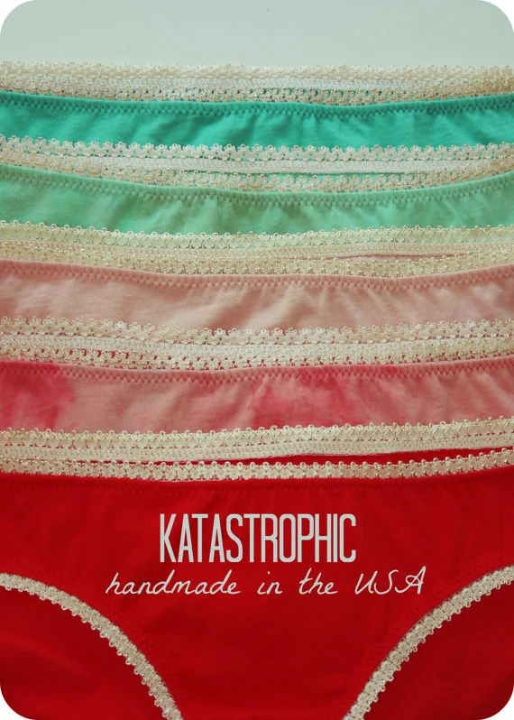 Ethical Undies: Austin, TX designer Katastrophic creates handmade undies for all. Not only super hot, they're made in the USA, with organic cotton and a dash of rock and roll. katastrophicdesign.etsy.com