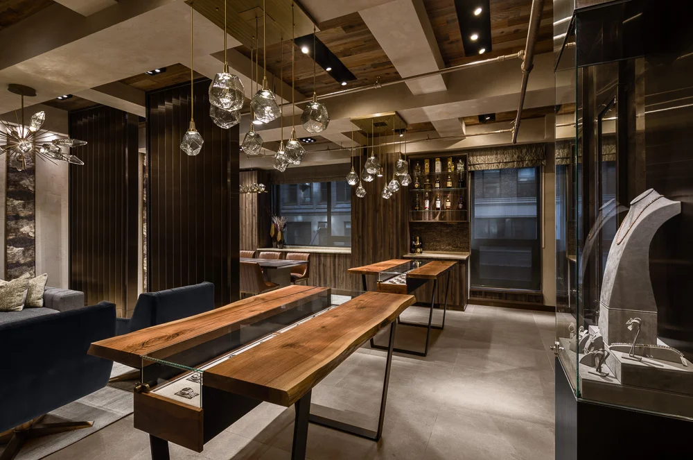 Custom table top displays at Avi & Co showroom designed by Seed Design New York