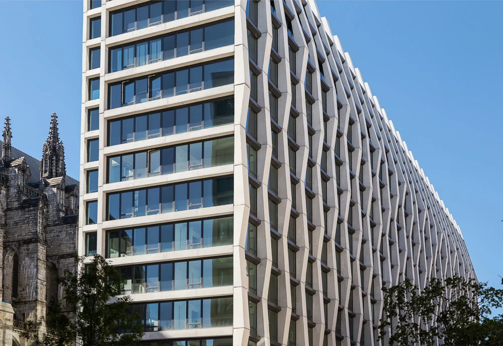 Close-up of Enclave building designed by Handel Architects
