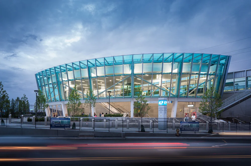 The PATH Harrison Station at dusk. Designed by Dattner Architects