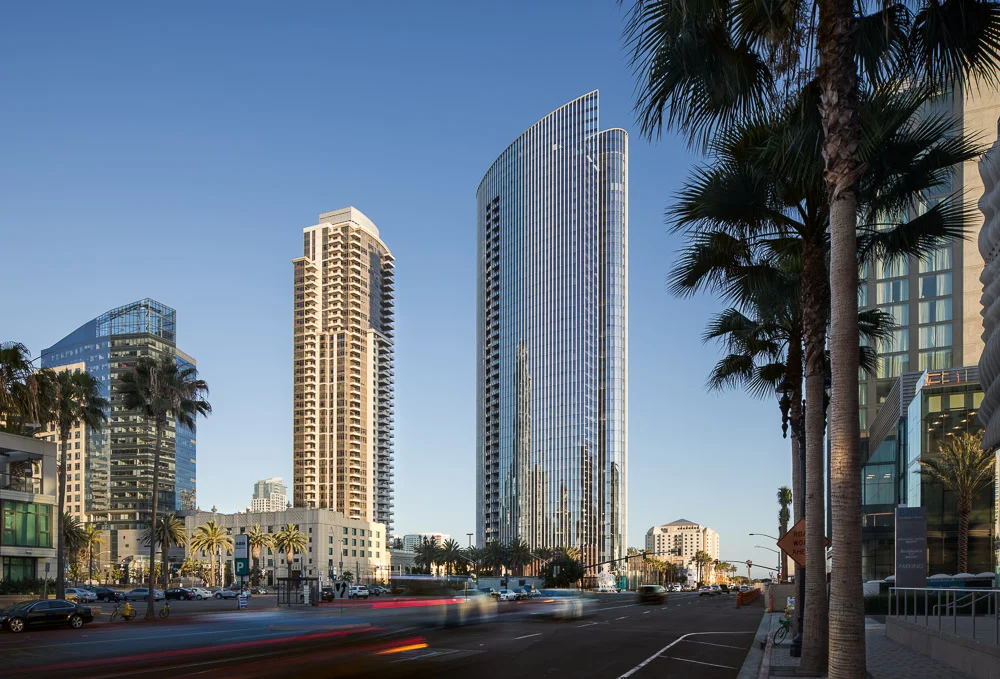 A hero shot of the Pacific Gate designed by KPF Architects