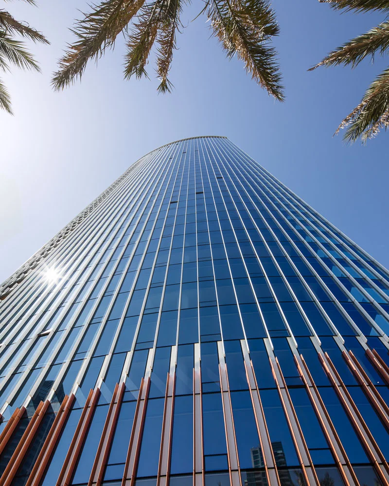 Looking up at the Pacific Gate designed by Kohn Pedersen Fox