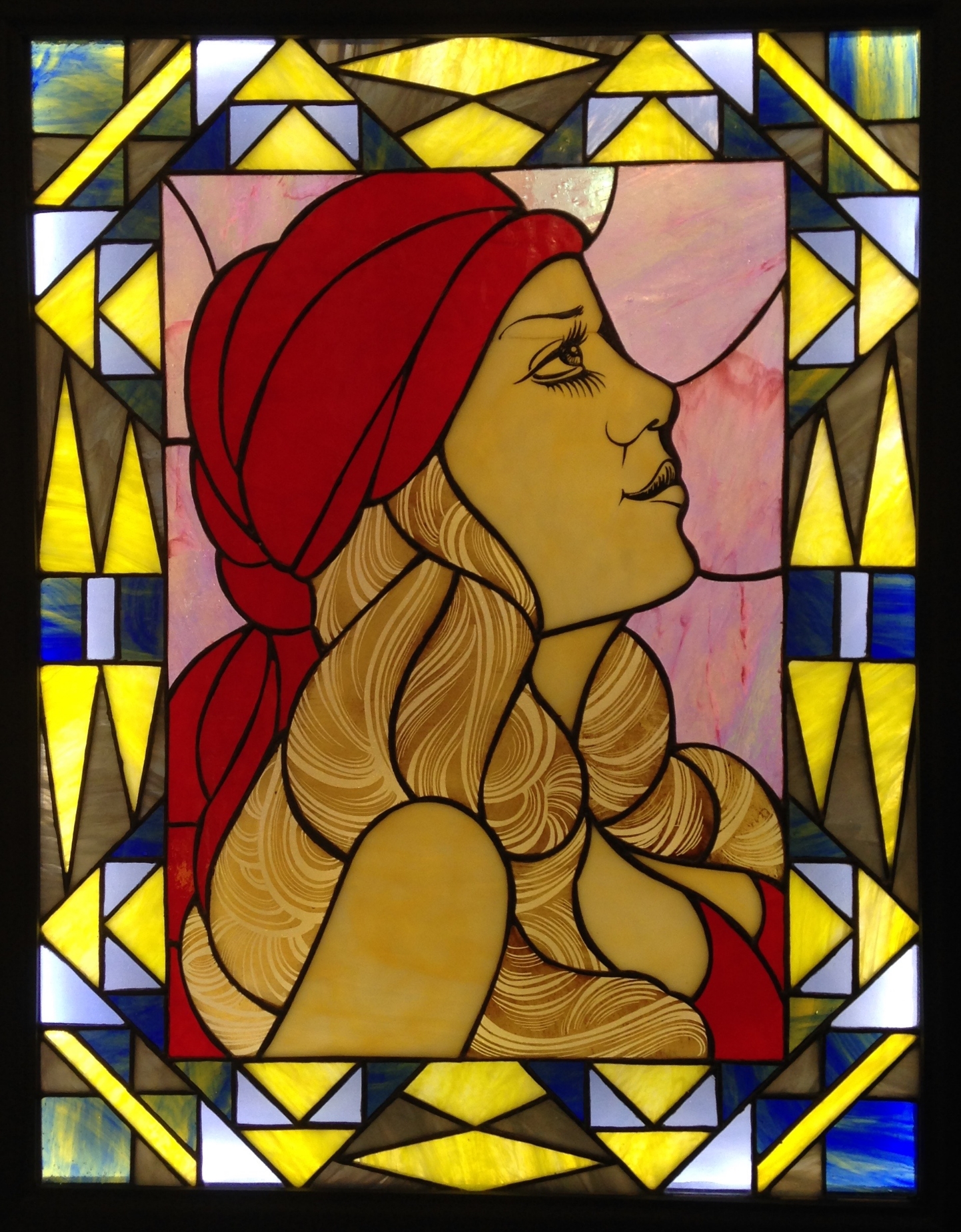 "LADY MYSTERIOSO" 20"X26" (SIZE OF GLASS ONLY) Foiled stained glass, kiln fired glass paint, & LED lights $2750