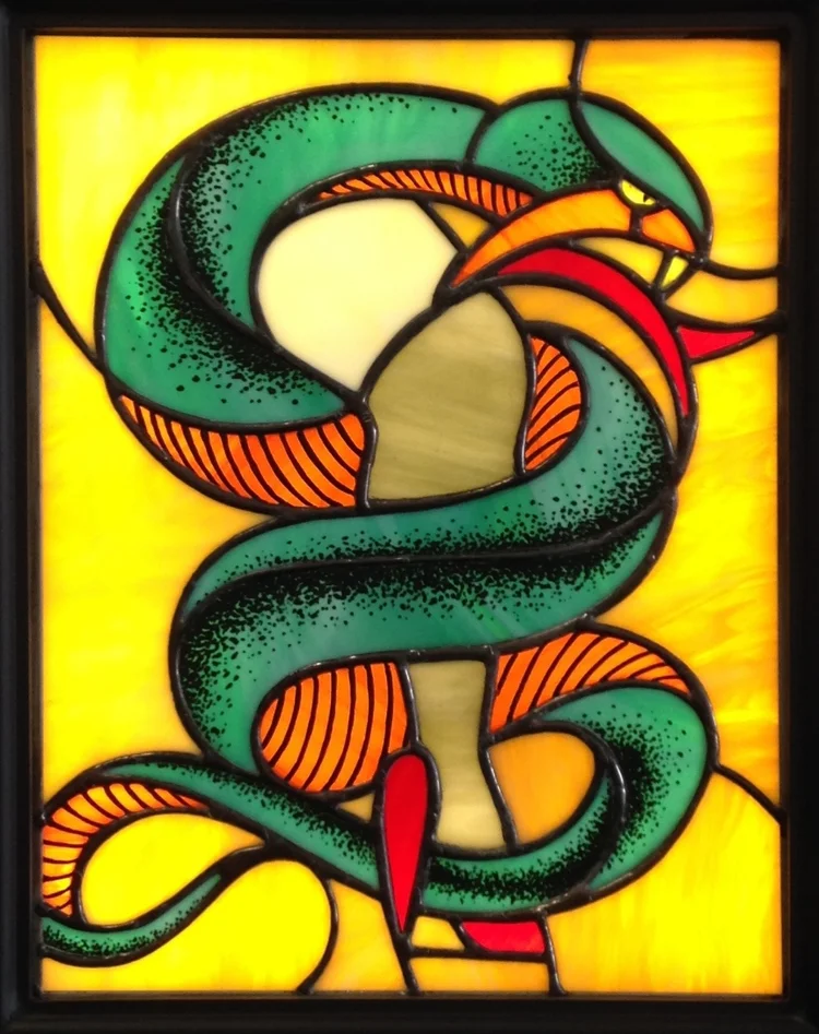 "ELECTRIC SEX" 11"X14" (SIZE OF GLASS ONLY) Foiled stained glass, enamel paint, & LED lights $1200