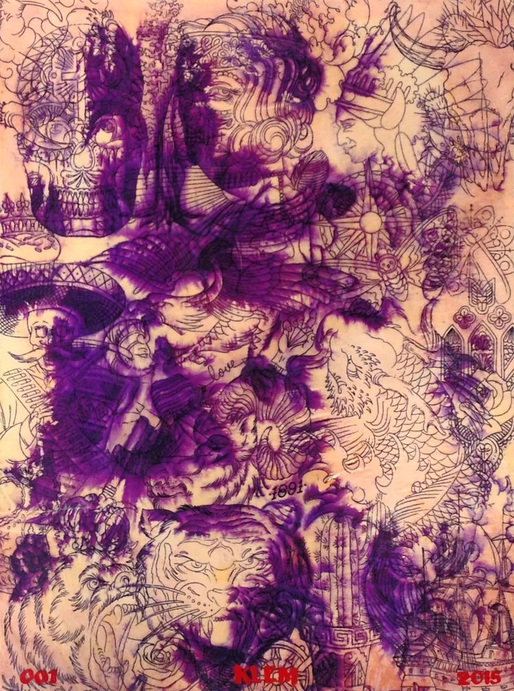 "PURPLE FINGERS 001"  18"X24" Thermofax stencils on board   $500 