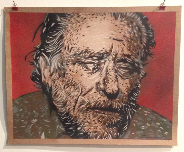 "Bukowski"  16"x20" stencil, aerosol, latex paint on paper $140