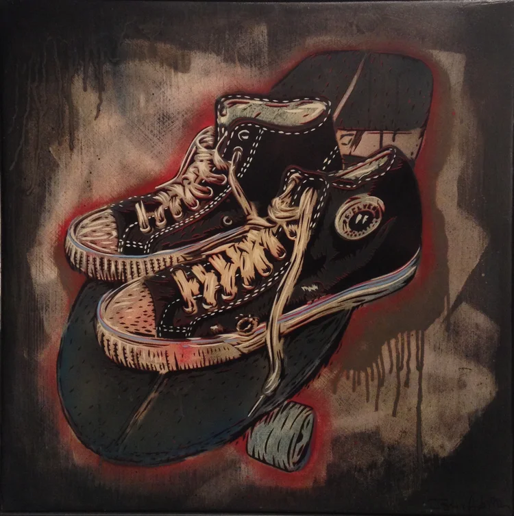 "Skate Shoes"  24"x24" stencil, aerosol, latex paint on wood panel  $450