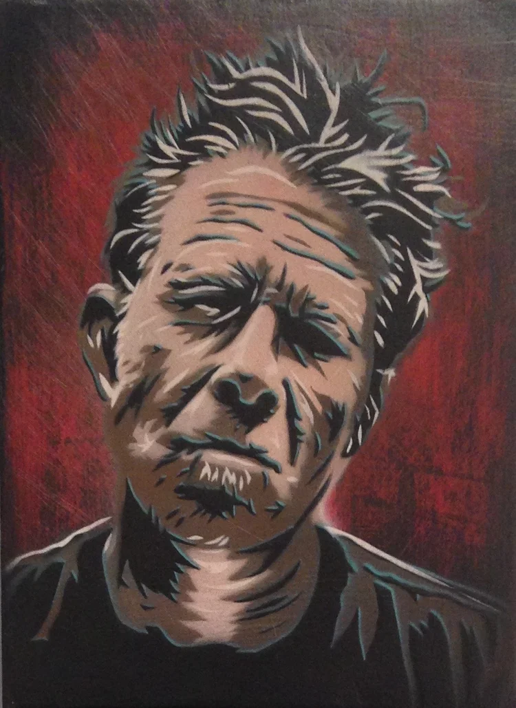 "Tom Waits" 9"x12" stencil, aerosol, latex paint on wood panel $250