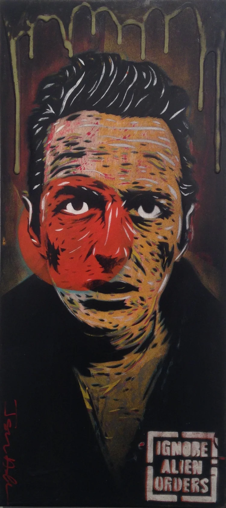 "Strummer 1" 10"x22" stencil, aerosol, latex paint on wood panel $300
