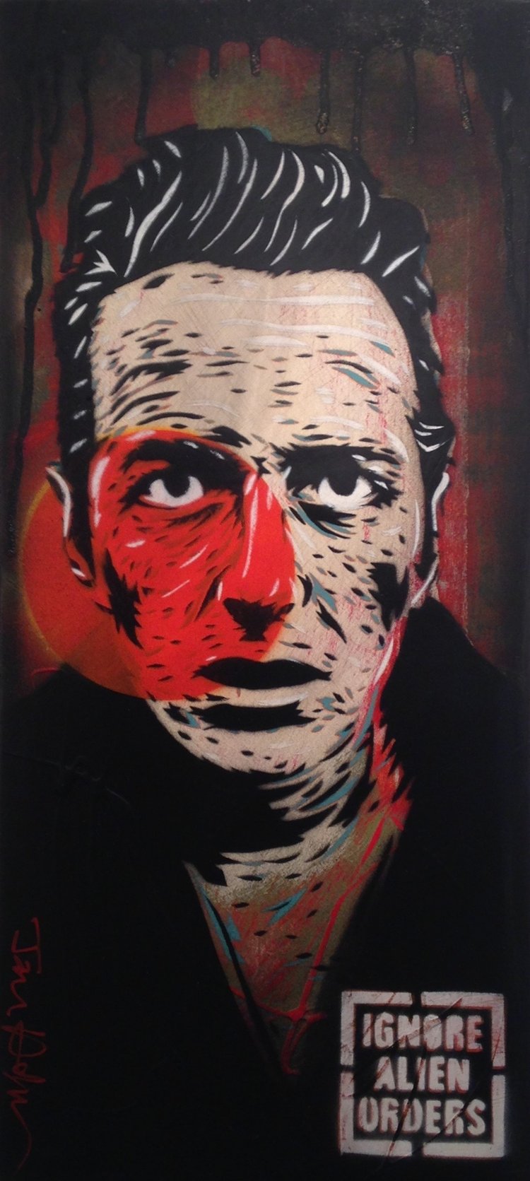 "Strummer 2" 10"x22" stencil, aerosol, latex paint on wood panel SOLD