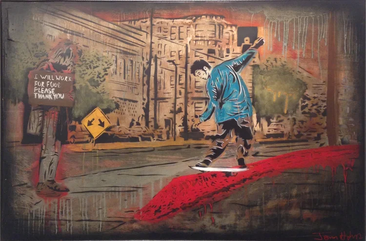 "SARGE" 24"x26" stencil, aerosol, latex paint on wood panel $650