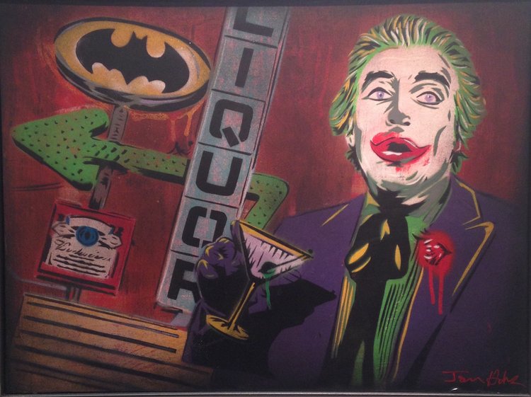 "Drunken Joker" 18"x24" stencil, aerosol, latex paint on wood panel $500