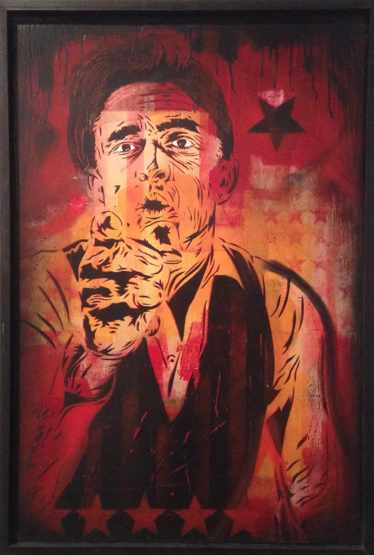 "Johnny Cash" 24"x36" stencil, aerosol, latex paint on wood panel $675