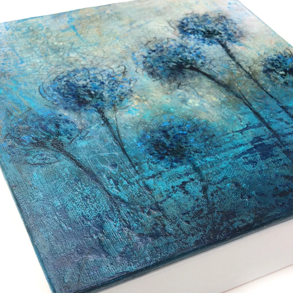 Floral painting full of texture and colours of blue and green tones by Irish artist Marion McConaghie.
