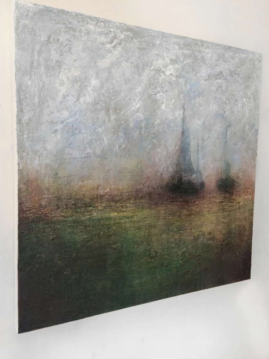 Boat painting on canvas created by Irish artist Marion McConaghie.