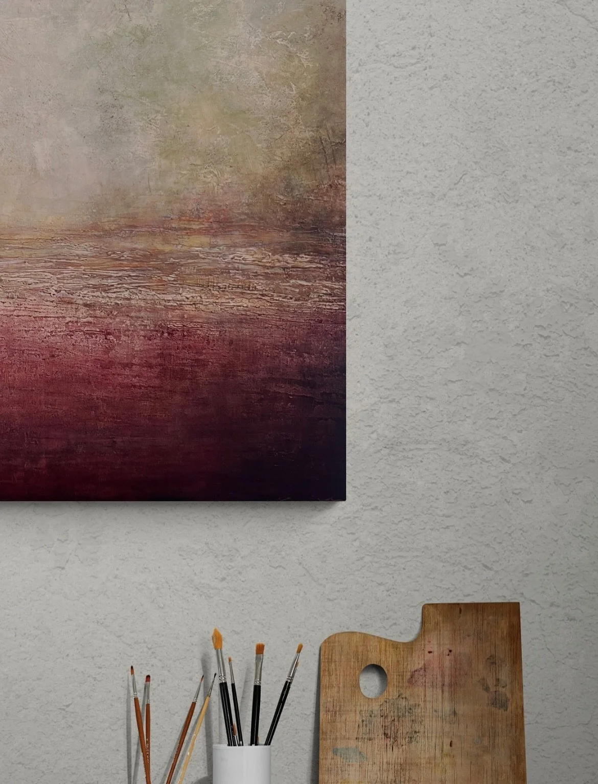 I have been asked to recreate this colour combination in my large scale paintings for galleries and commissions using deep burgundy tones with stony coloured skies. 

I really enjoy working with this colour, influenced by the colours and tones I find