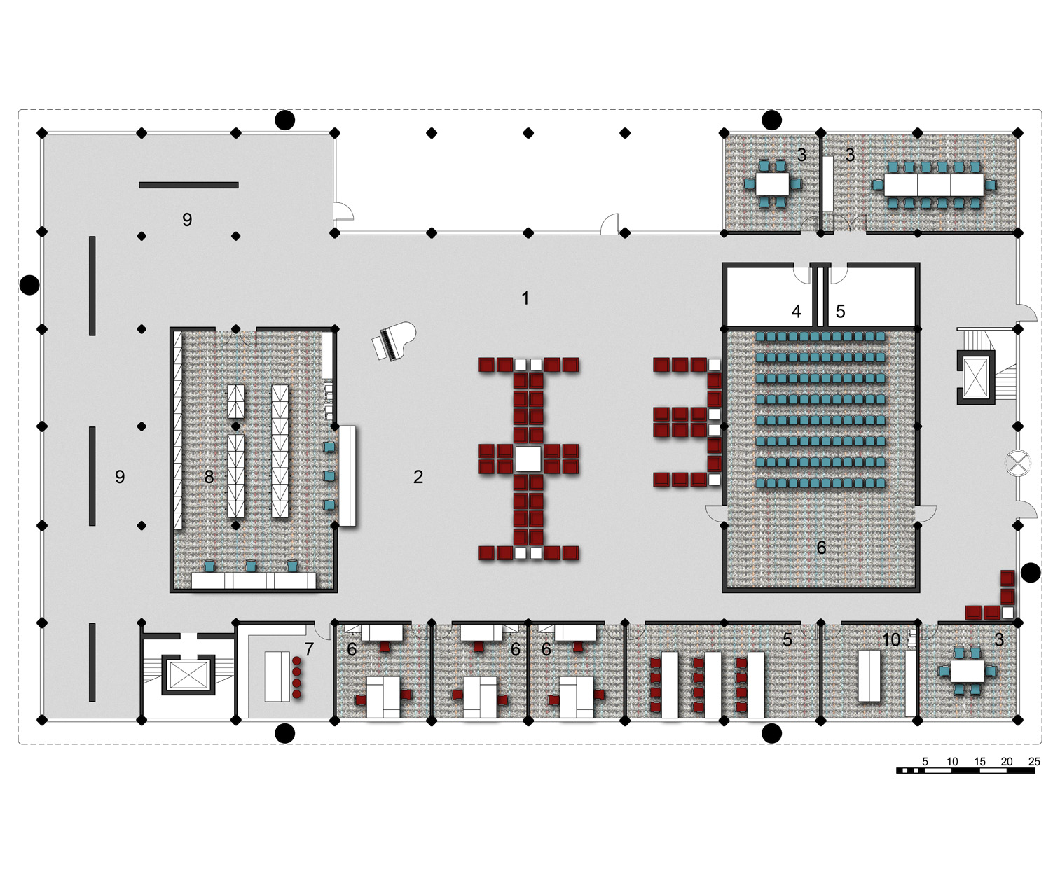 Ground Level Floor Plan 1.Main Entry 2.Reception 3.Conference Room 4.Mens' Restroom 5.Womens' Restroom 6.Presentaion Room 6A.Accounting and Marketing 7.Kitchenette 8.Filing and Nurses Station 9.Gallery 10.Copy Room
