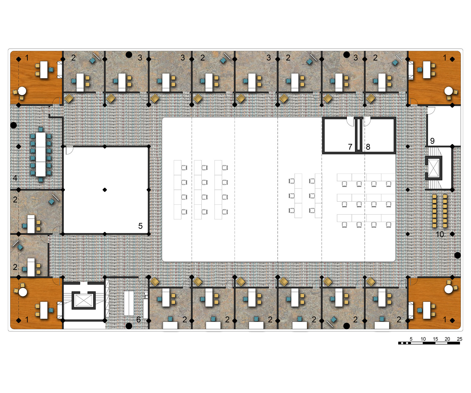 Third Level Floor Plan 1.Administrative Offices 2.Art Therapy Rooms 3.Music Therapy Rooms 4.Conference Rooms 5.Art Supply Storage 6.Copy Room 7.Men's Locker Room 8.Womens' Locker Room 9.General Storage 10.Waiting Room 