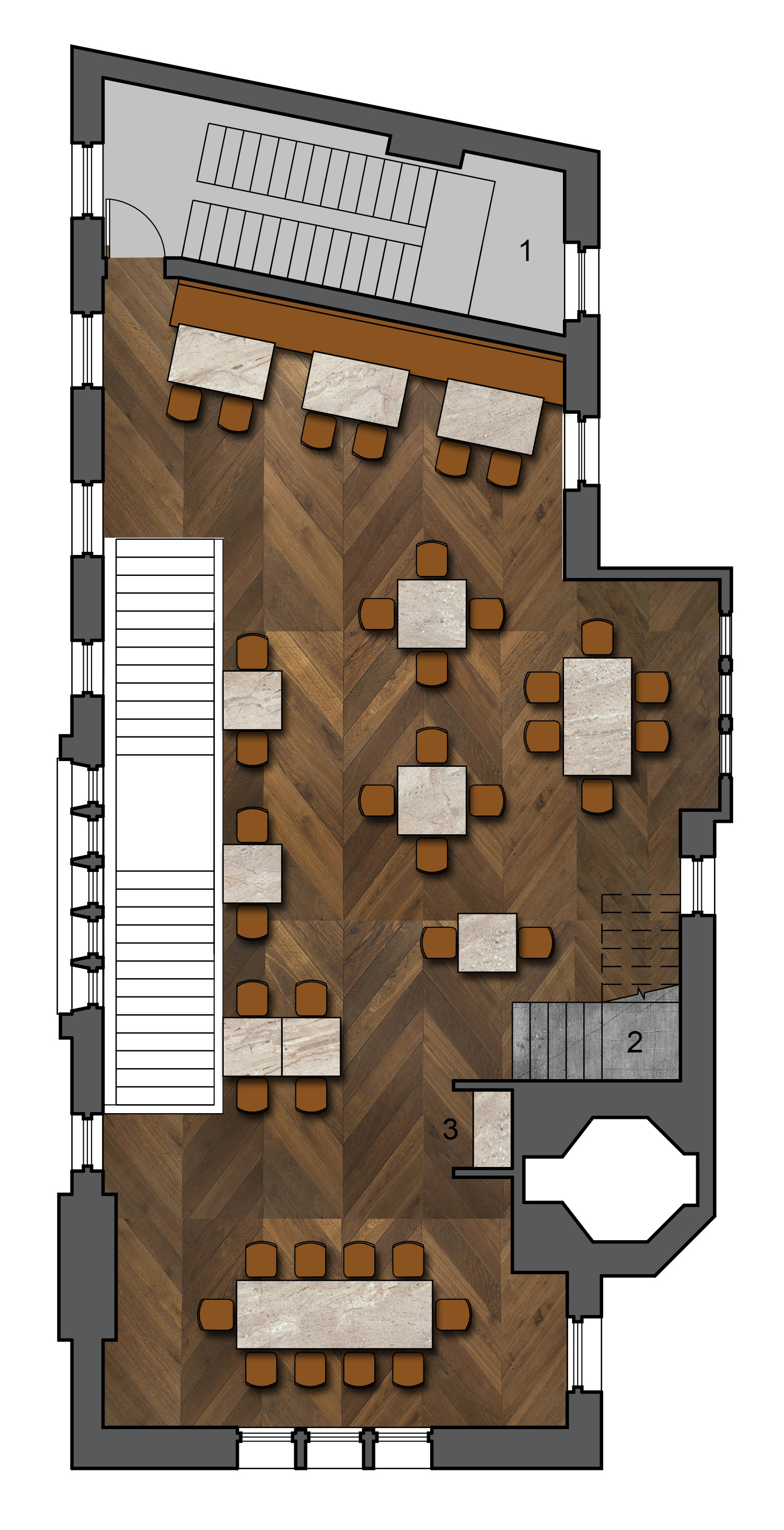 Second Level - Dining 1.Kitchen Stairs 2.Secondary Stair to Chocolate Shop 3.Transaction Stand
