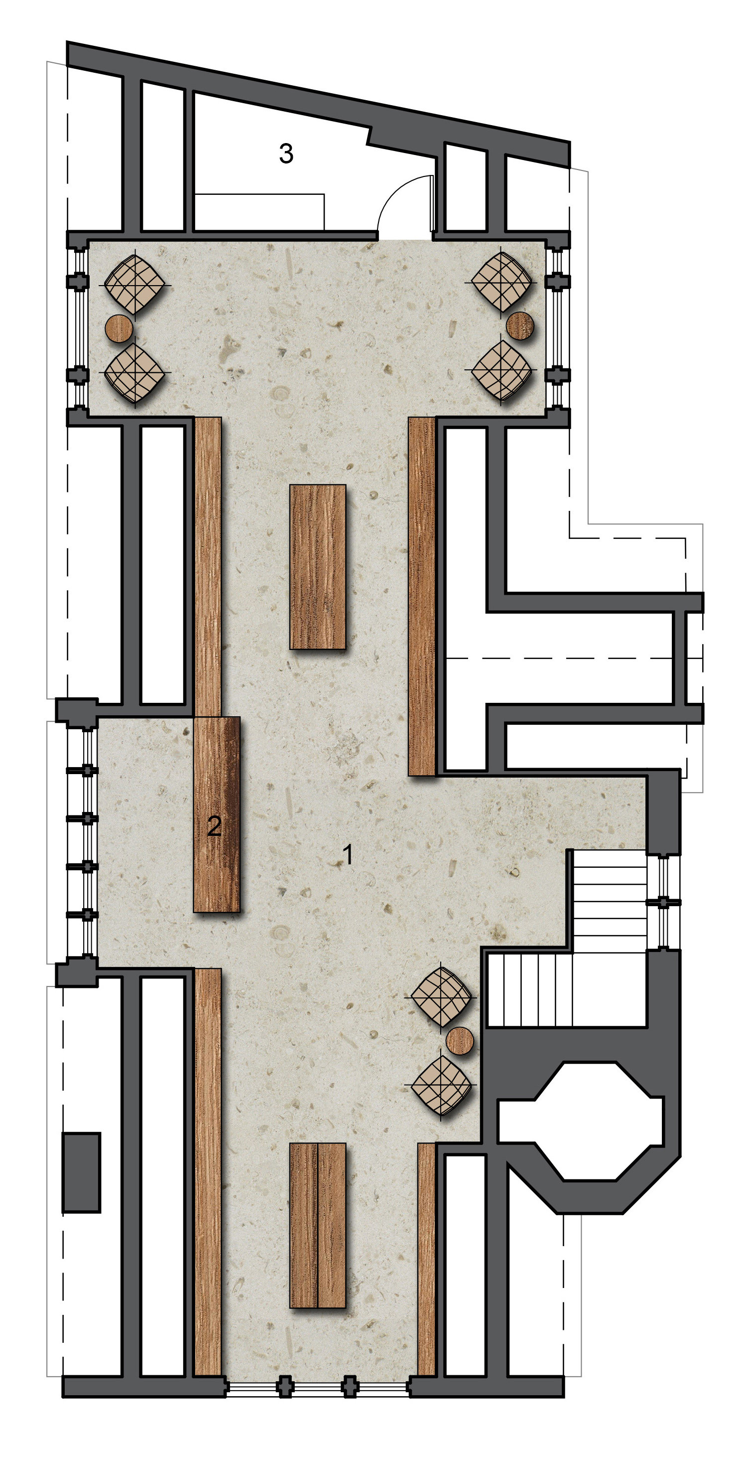 Third Level - Gourmet Chocolate Shop 1.Gourmet Chocolate Tasting Room and Shop 2.Transaction Counter